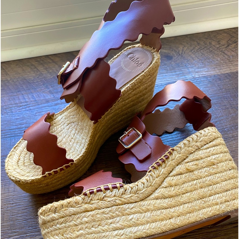 Chloe Brown Leather Scalloped Espadrilles Size 39